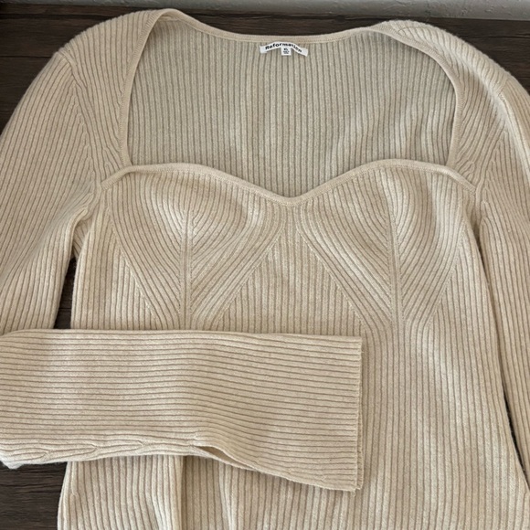 Reformation Glenna Sweater Sweetheart Neck Split Sleeve Cashmere Cream Rib Sz XL - Picture 1 of 14